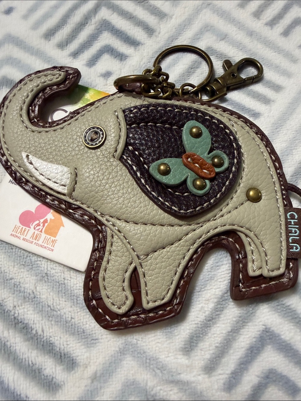 Chala Elephant Keychain/Bagcharm in Beige with Brown and Green Accent NWT - Picture 6 of 7